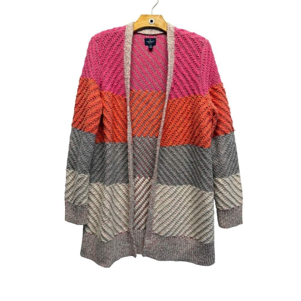 American Eagle Outfitters Colorblock Chunky Knit Cardigan Pink Orange L/XL
